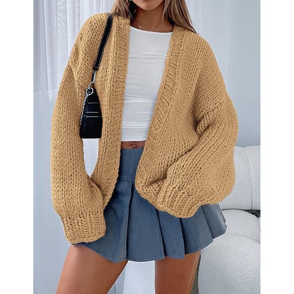 Womens Trendy Cardigan Sweaters Khaki Long Sleeve Chunky Knit Outfits - Picture 7 of 8